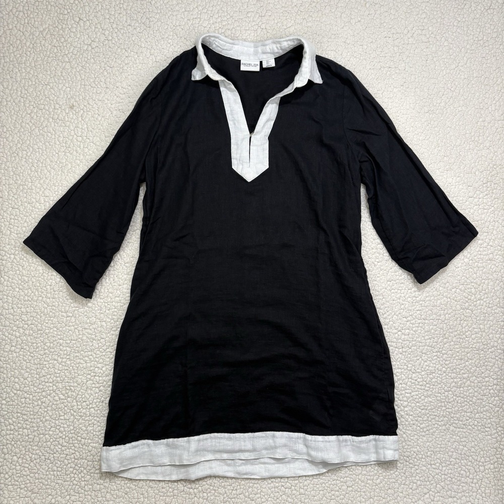 Rachel Zoe Linen Blend Tunic Dress Black White Trim Collared Cover Up Size L